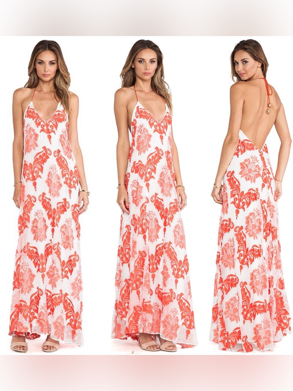 ALEXIS x REVOLVE SAKS ISLA EMBROIDERED RED WHITE DAMASK HALTER MAXI DRESS SMALL